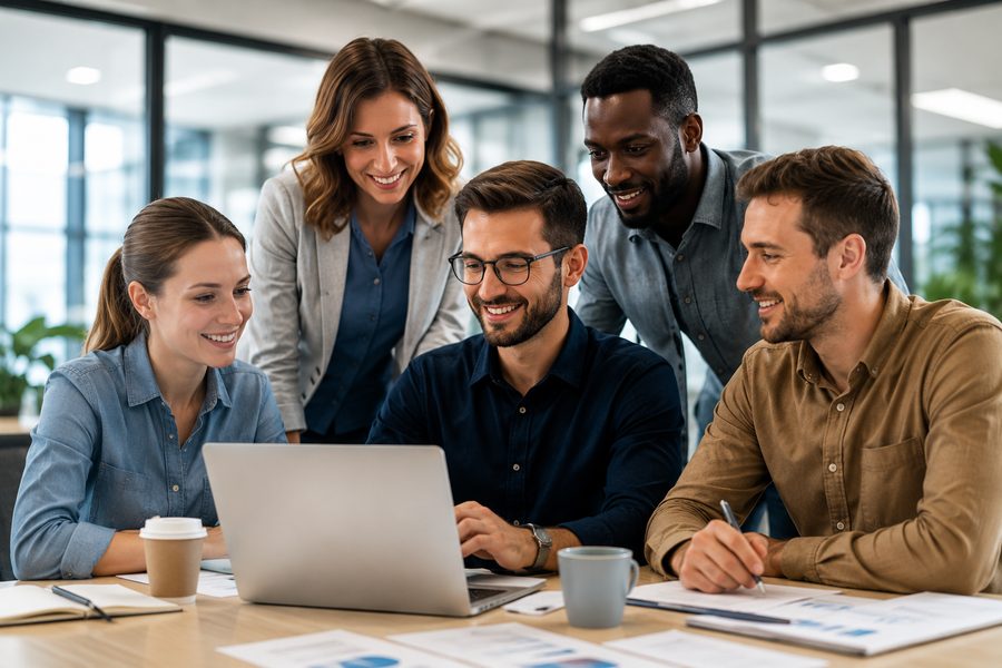Une équipe réunie autour d'un ordinateur portable