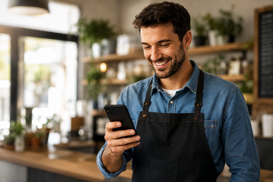 Un commerçant consulte son téléphone dans sa boutique